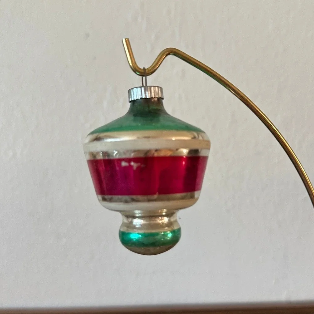 Vintage Shiny Brite UFO Tornado Lantern Glass Christmas Ornament Pink Green
